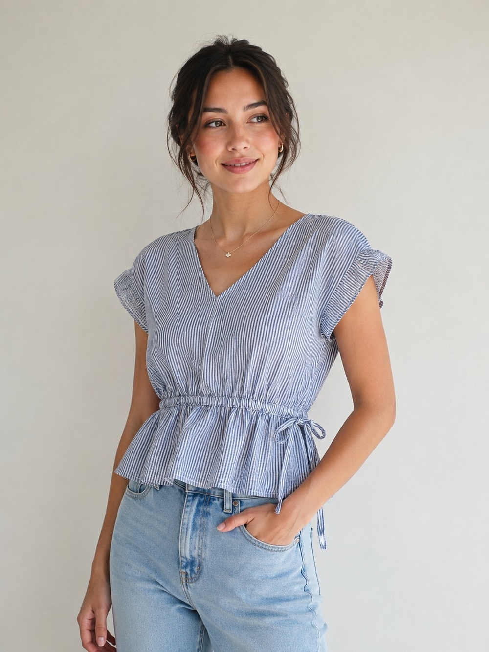 Habitual Blue and White Striped Peplum V-Neck Top